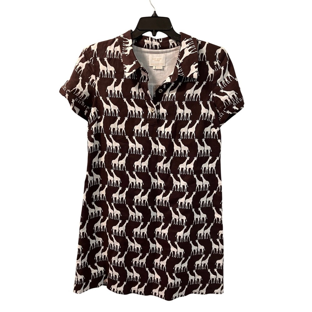 Kate Spade Linen Dress Dana Giraffe Brown White Sz L Safari Unique Summer‎